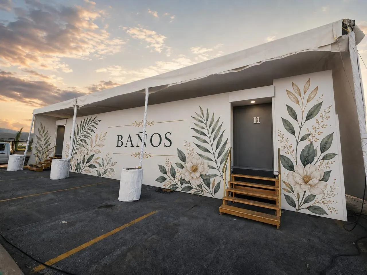 Fachada de los baños de lujo con mural de flores y la palabra BAÑOS al atardecer